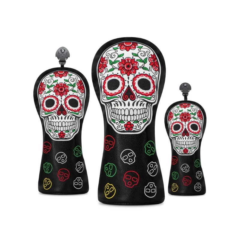 Headcover Driver - ゴルフスカルスケルトンヘッドカバーセット - ブラックPU、ドライバー、フェアウェイウッド、ハイブリッド、ユーティリティ、パター、アイアン、ウェッジに適合 - 花柄デザイン。